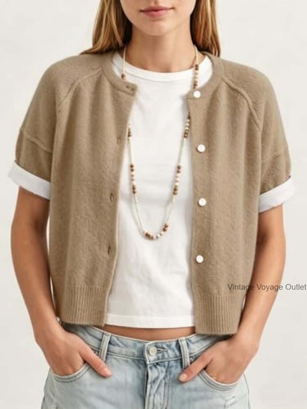 Short Sleeve Button Down Cardigan Sweater Loose Fit Crew Neck Lightweight Casual - Picture 2 of 6